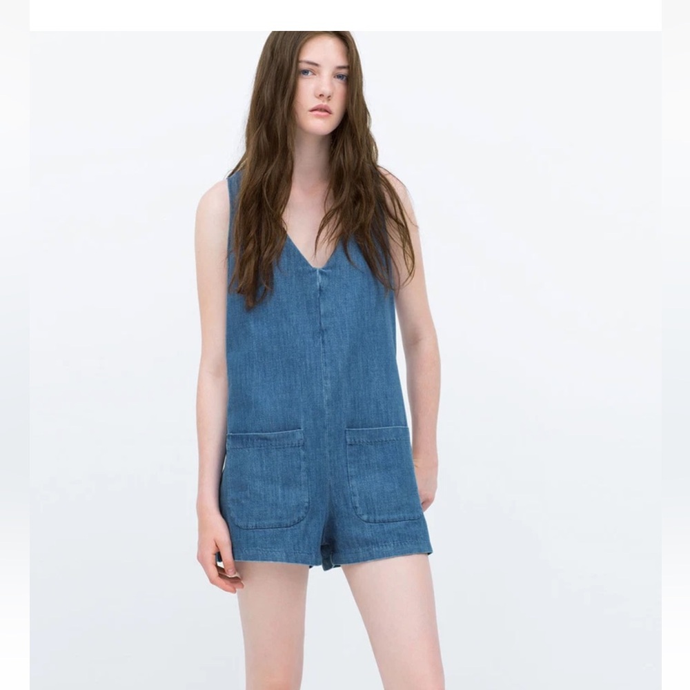 Zara chambray denim‎ short romper jumpsuit pockets summer size small
